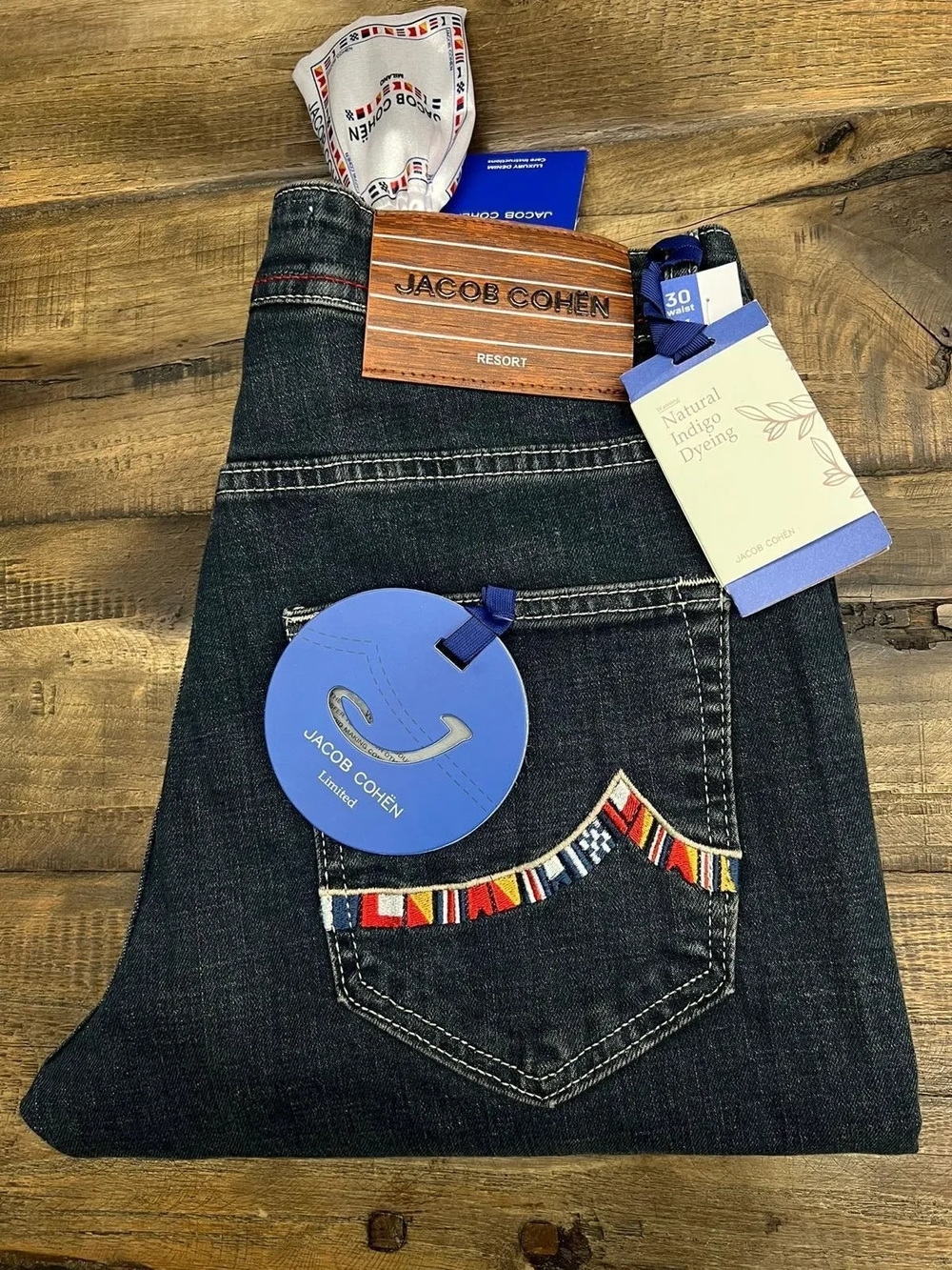 Jacob Cohen Men's Dark Indigo Slim Jeans with Multicolor Pocket Trim Size 32